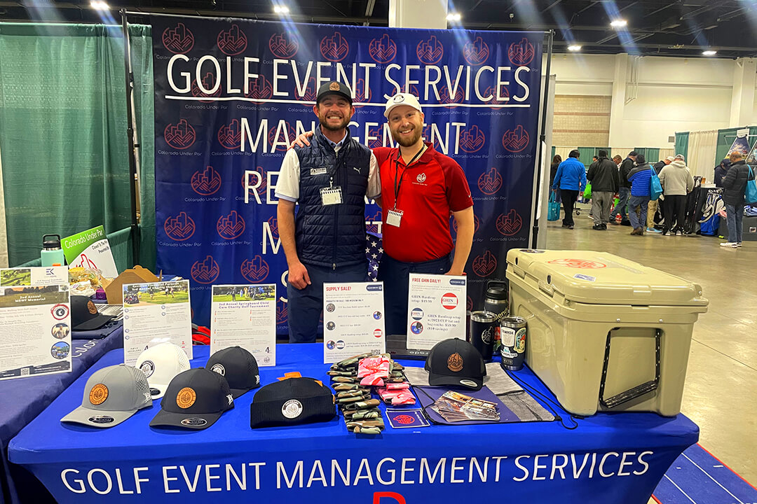 Day-of Event Management Andrew Mueller at a Golf Event Management Services booth at a trade show