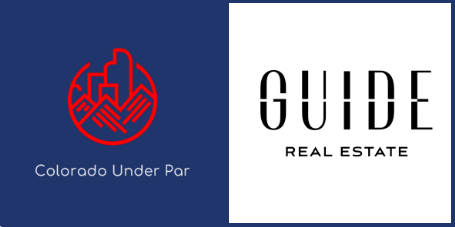 Colorado Under Par and Guide Real Estate logos side by side on blue and white backgrounds