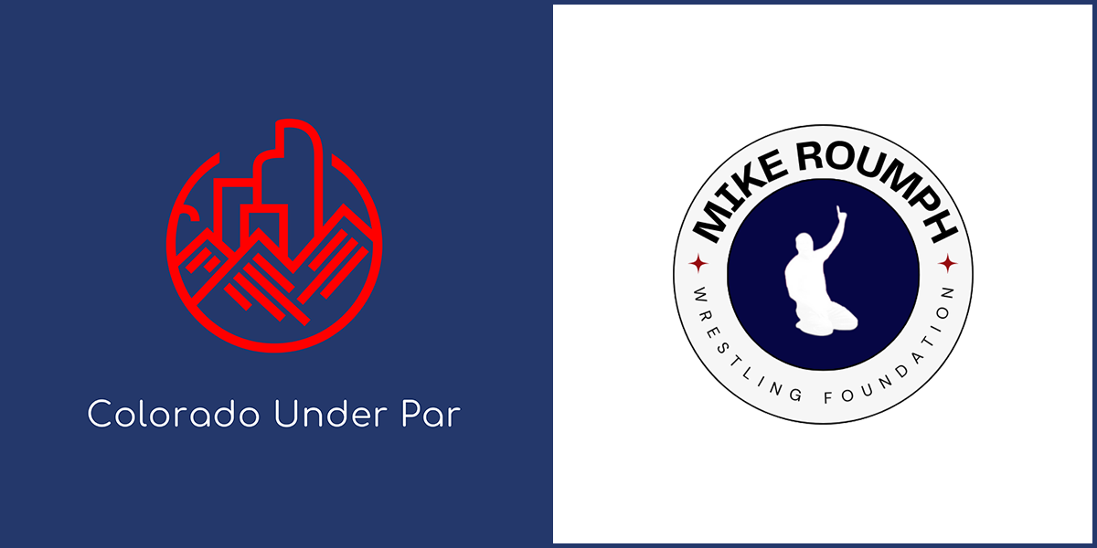 Colorado Under Par logo with red city and mountain design and Mike Roumph Wrestling Foundation circular logo